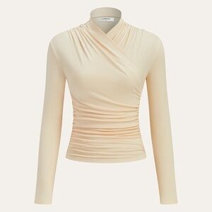 Commense Cross-Over Collar Pleated Cinched T-Shirt